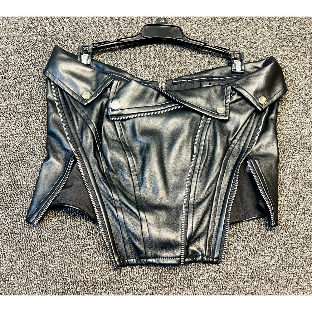 Manière De Voir Vegan Leather Biker Corset Top Womens 8 Black Stretch Back Zip